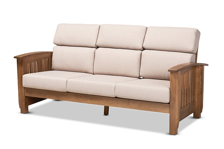 Baxton Studio Charlotte Modern Classic Mission Style Taupe Fabric Upholstered Walnut Brown Finished Wood 3-Seater Sofa