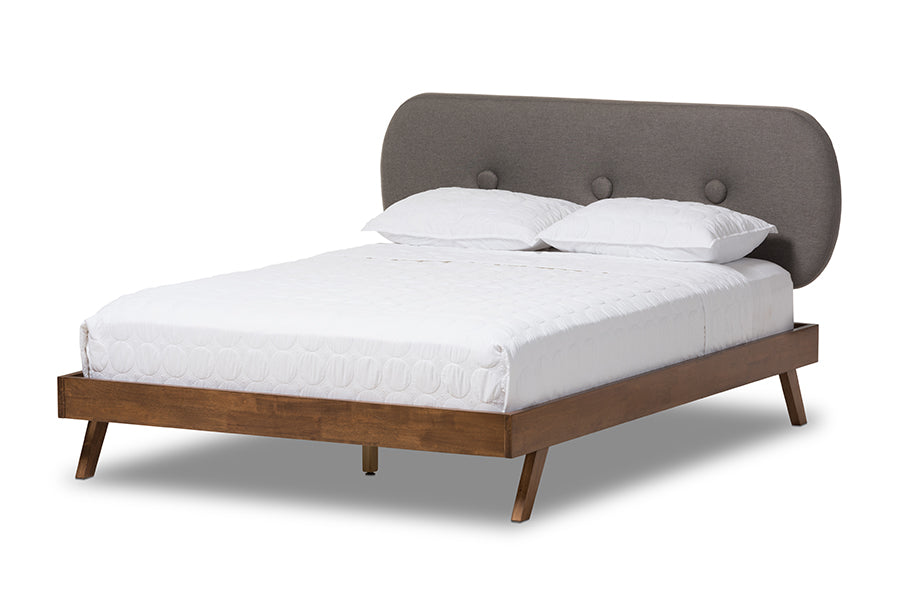 Baxton Studio Penelope Mid-Century Modern Solid Walnut Wood Grey Fabric Upholstered King Size Platform Bed