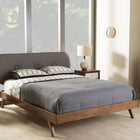 Baxton Studio Penelope Mid-Century Modern Solid Walnut Wood Grey Fabric Upholstered King Size Platform Bed