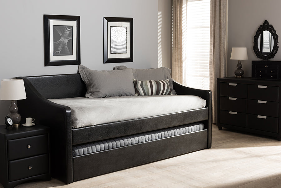 Baxton Studio Barnstorm Modern and Contemporary Black Faux Leather Upholstered Daybed with Guest Trundle Bed