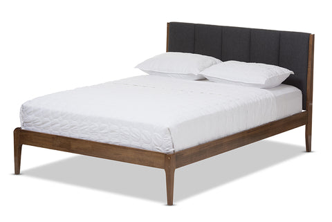 Baxton Studio Ember Mid-Century Dark Grey Fabric and Medium Brown Finish Wood Queen Size Platform Bed