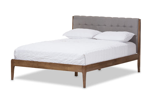 Baxton Studio Clifford Mid-Century Light Grey Fabric and Medium Brown Finish Wood Full Size Platform Bed