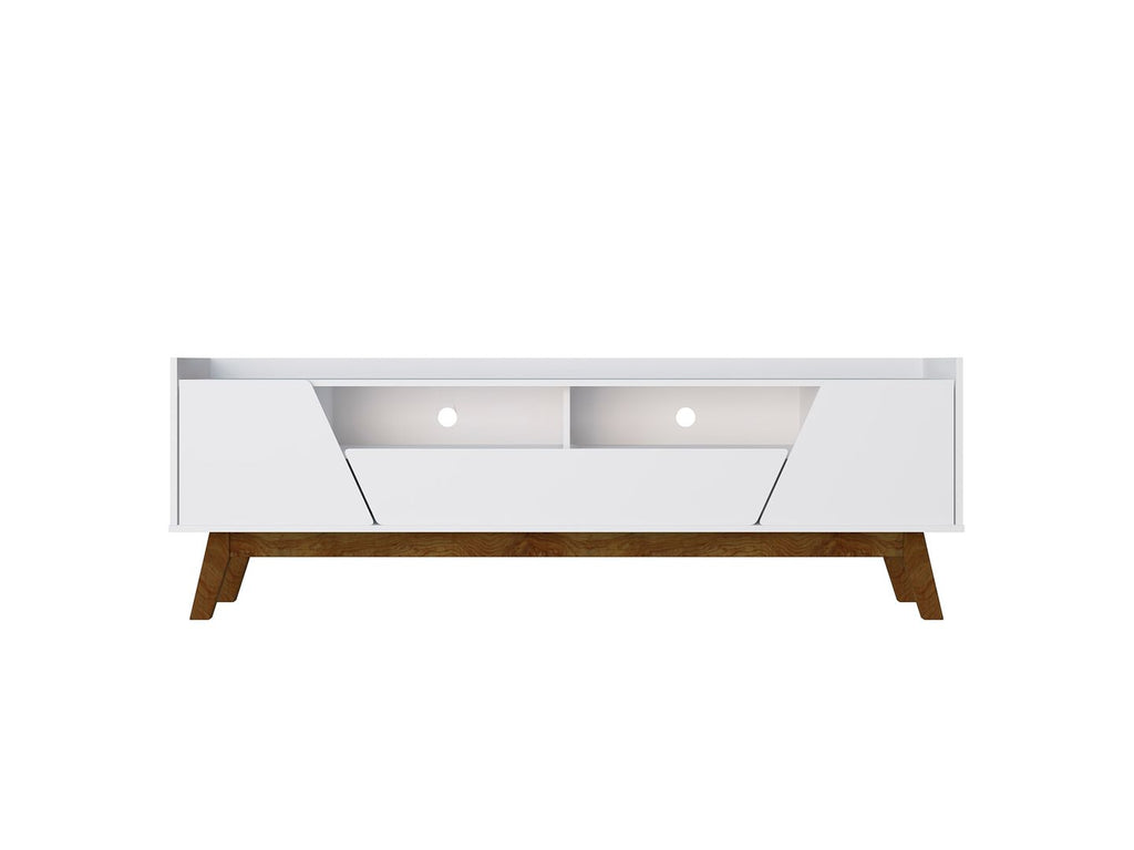 Manhattan Comfort Mid-Century Modern Marcus 70.86 TV Stand with Solid Wood Legs in White-Modern Room Deco