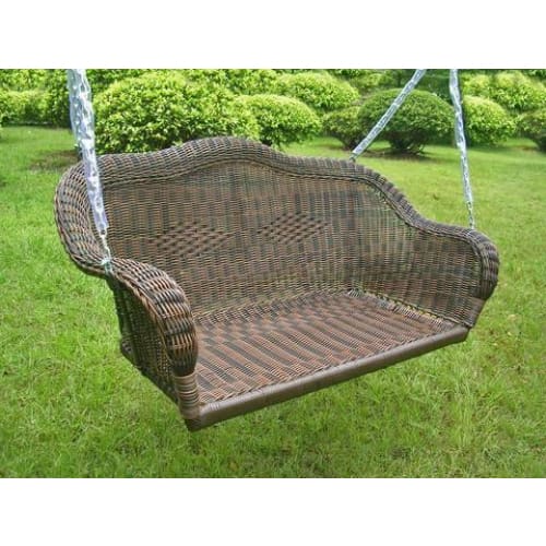 International Caravan Resin Wicker Hanging Loveseat Swing - Antique Pecan - Outdoor Furniture