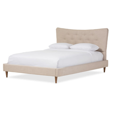 Baxton Studio Hannah Mid-Century Modern Beige Linen Queen Size Platform Bed - Bedroom Furniture