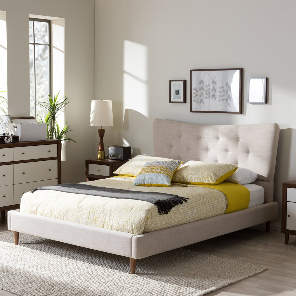 Baxton Studio Hannah Mid-Century Modern Beige Linen Queen Size Platform Bed - Bedroom Furniture