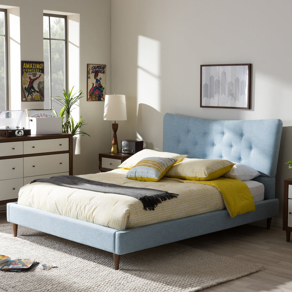 Baxton Studio Hannah Mid-Century Modern Sky Blue Fabric Queen Size Platform Bed - Bedroom Furniture