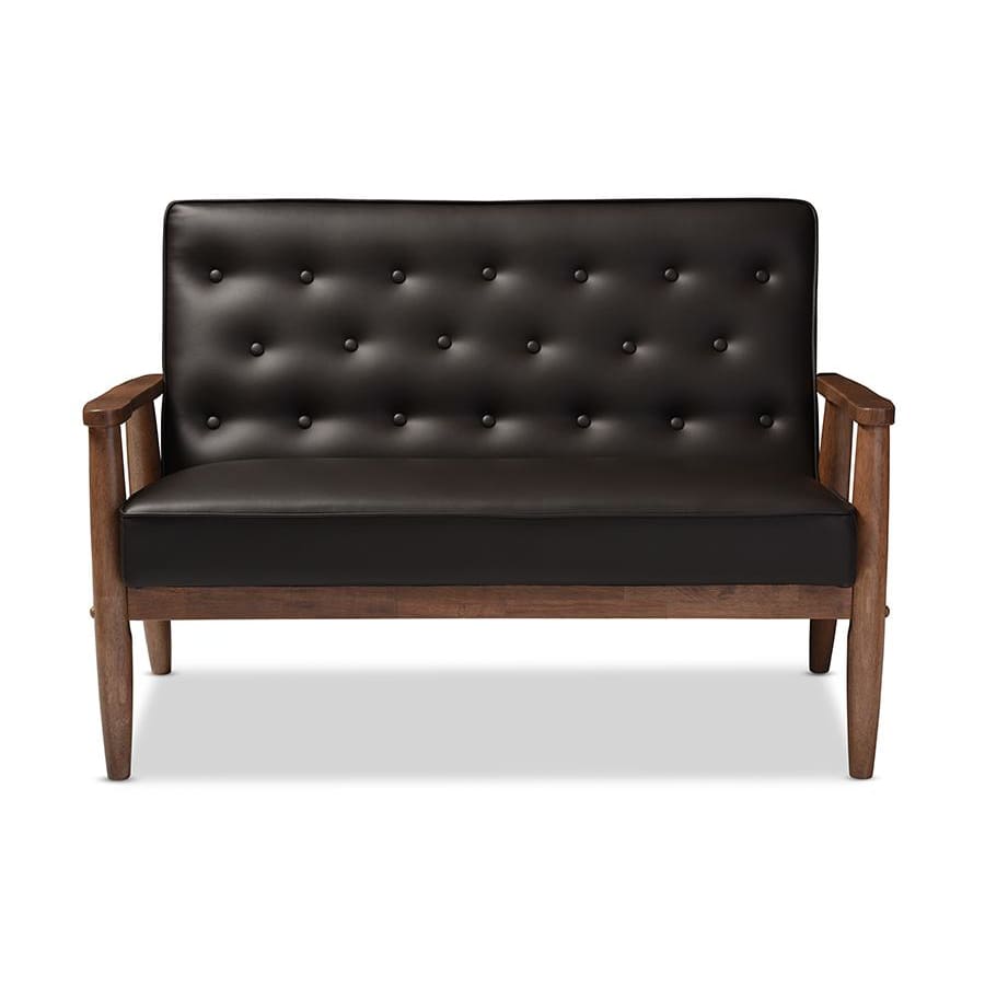 Baxton Studio Sorrento Mid-century Retro Modern Brown Faux Leather Upholstered Wooden 2-seater Loveseat - Living Room Furniture