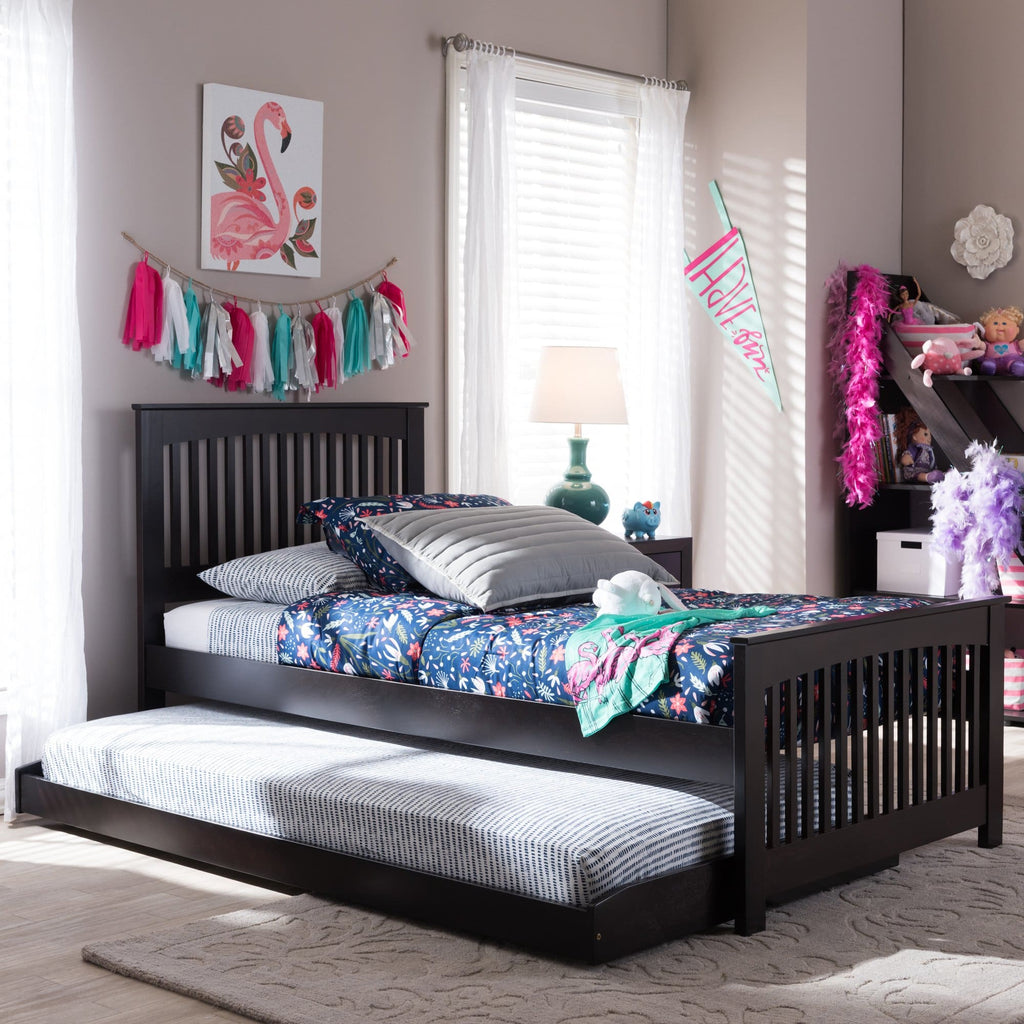 Baxton Studio Hevea Twin Size Dark Brown Solid Wood Platform Bed with Guest Trundle Bed - Kids Room Furniture