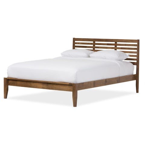 Baxton Studio Daylan Mid-Century Modern Solid Walnut Wood Slatted Queen Size Platform Bed - Bedroom Furniture