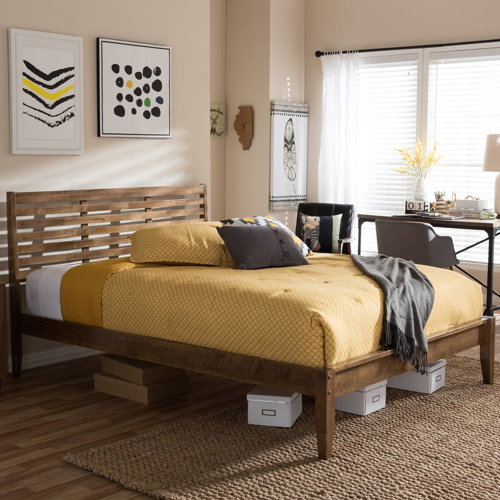 Baxton Studio Daylan Mid-Century Modern Solid Walnut Wood Slatted Queen Size Platform Bed - Bedroom Furniture